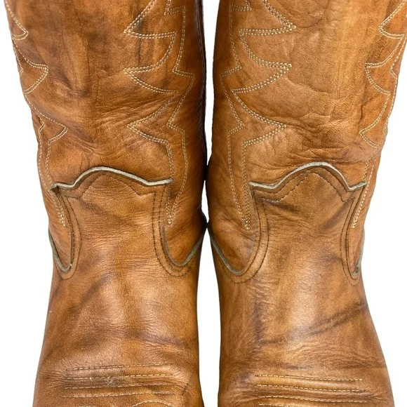 Vintage Cowhide Steel-toe Western Cowboy Brown Leather Boots Stitchwork Mens 8.5 - Picture 7 of 16